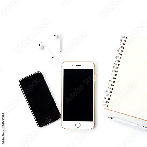flat lay content creator tools with phone, earbuds, and notebook isolated on white background