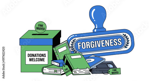 Flat illustration of forgiveness concept with donation box and books