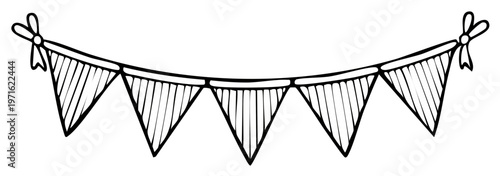 Hand drawn black and white festive triangular bunting flags strung together with bows