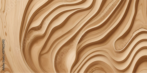Abstract carved wood background with flowing topographic layers and smooth wavy lines.