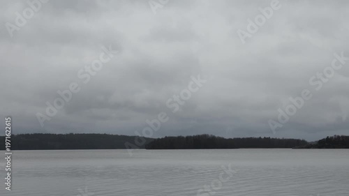 Stockholm, Sweden A view of islands on Lake Malaren on a rainy day. 