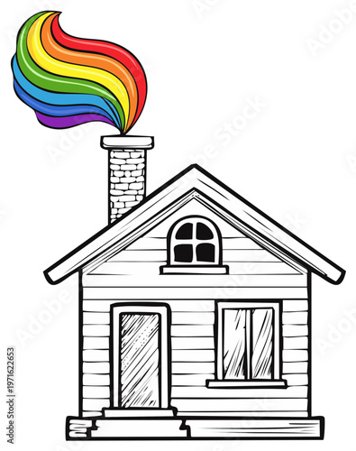 Whimsical house with rainbow smoke coming from the chimney, creative concept