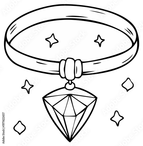 Drawn choker necklace with sparkling diamond pendant and stars, black and white