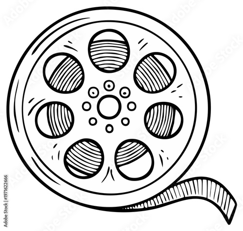 Hand drawn illustration of a vintage film reel with movie strip