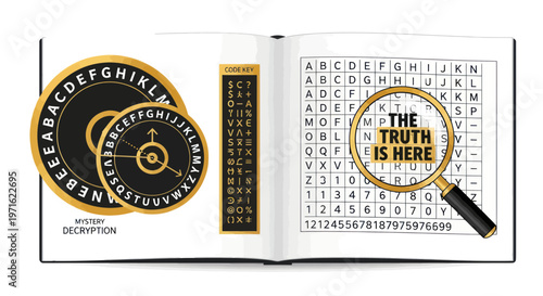Open book with cryptic symbols and magnifying glass revealing hidden message