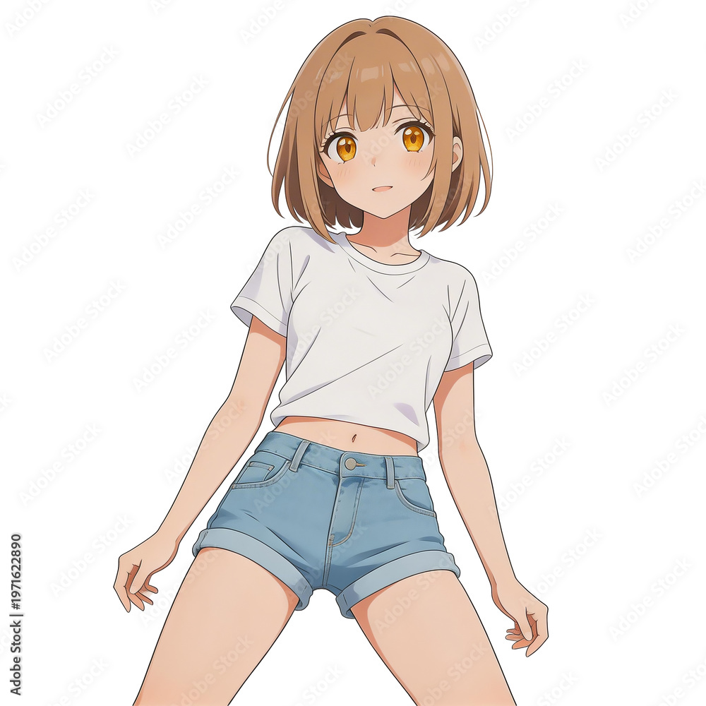 Naklejka premium [Transparent Background PNG]Anime Girl in Casual Summer Outfit