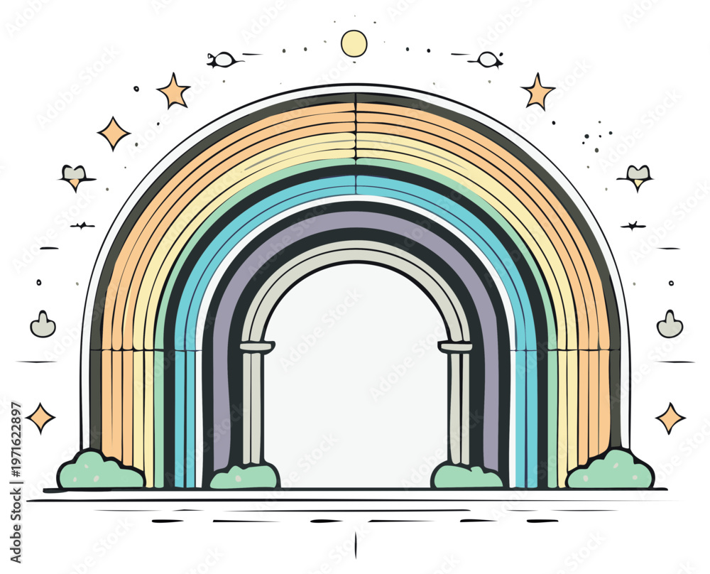 Fototapeta premium Colorful rainbow illustration with decorative celestial elements