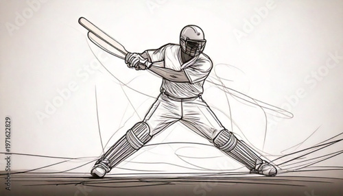 Cricket Player Batting Action Sketch Style Illustration.