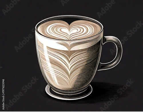 Decorative coffee mug with heart shape latte art.