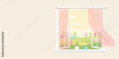 Open window with view of a peaceful spring landscape. Curtains blowing in the breeze, potted houseplant and steaming cup on sill. Comfortable home interior, seasonal morning concept.