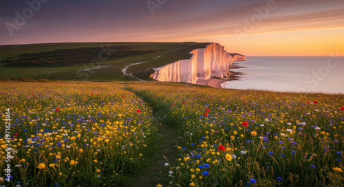 sunset over seven sisters cliffs wildflowers
