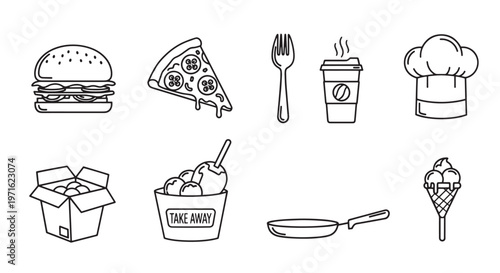 Fast food and restaurant icons with burger pizza slice coffee cup and chef hat. Culinary delivery vector art.