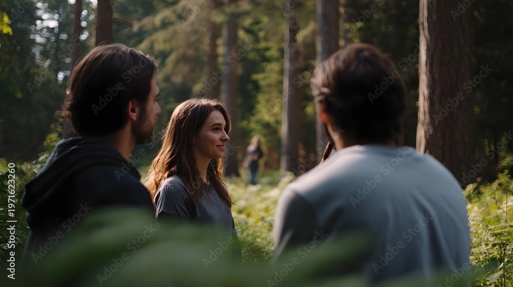 Fototapeta premium A group of colleagues engage in a conversation while standing in a serene sun d d forest clearing amidst lush greenery