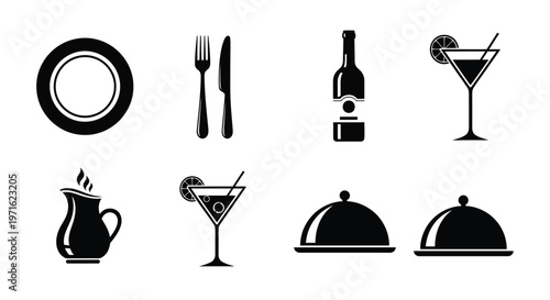 Black silhouette icons depicting dining elements plates cutlery and drinks