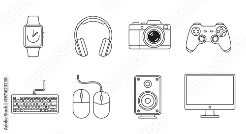 Consumer electronics and computer peripherals icons set with smartwatch camera. Professional gaming and office hardware.