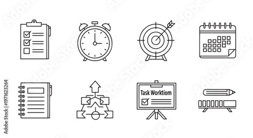 Project management and task planning icons with checklist clock target and calendar. Professional productivity vectors.