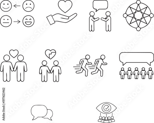 Emotions relationships and group dynamics icons showing feelings and teamwork