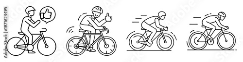 Four linear drawings of cyclist giving a thumbs up, and cycling fast