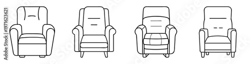 Line art illustration depicting a collection of diverse armchair designs in black