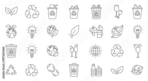 Collection of linear icons representing environmental sustainability and recycling