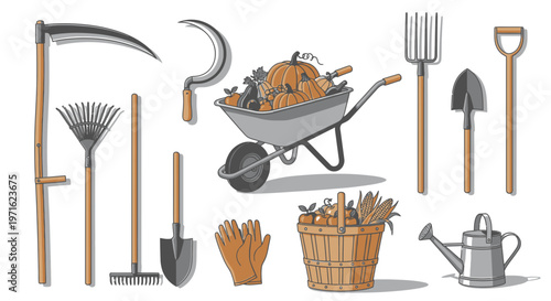 Autumn Harvest Gardening Tools Collection with Pumpkins and Produce