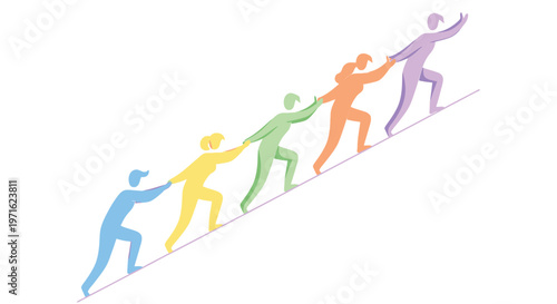 A line of colorful figures helping each other climb an incline