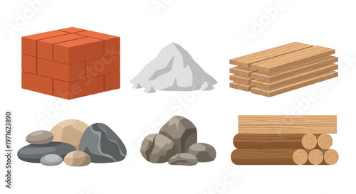 Assorted building materials including bricks rocks wood and stone piles
