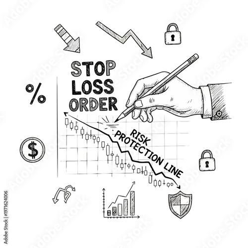 Hand drawn illustration depicting a stop loss order on a financial market chart, highlighting risk management and investment protection strategies with upward and downward trends