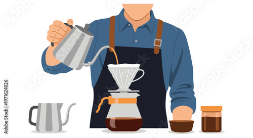 A skilled barista meticulously pours hot water from a stylish gooseneck kettle over freshly ground coffee in a pour-over dripper, preparing a delicious brew with precision and care.