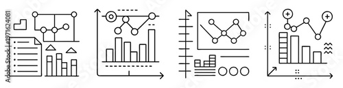 Abstract data visualization of charts, graphs, networks, and lists in black and white