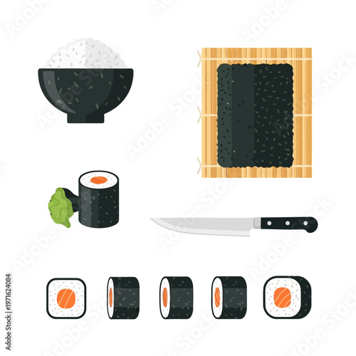 Flat lay collection of sushi preparation elements, featuring a bowl of rice, nori seaweed, freshly rolled maki, and a sharp knife, ideal for Japanese culinary themes