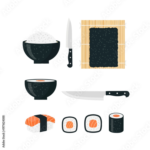 Essential Japanese sushi making kit rice, knives, bamboo mat, and fresh nigiri and maki rolls in a vibrant flat lay illustration