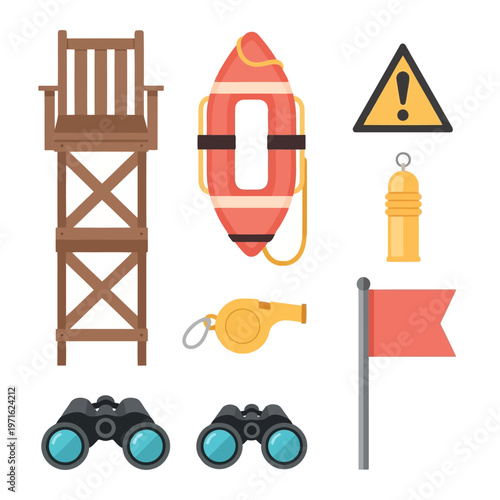 A comprehensive set of vital equipment and graphic icons for lifeguards, ensuring public safety at beaches, pools, and aquatic environments during warm seasons
