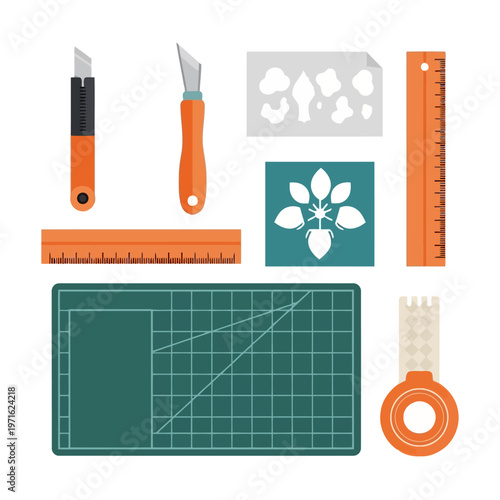 Essential crafting tools collection for art and design projects, featuring precision cutters, versatile rulers, a protective cutting mat, stencils, and a tape dispenser