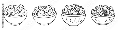 Illustration of four bowls overflowing with dates in black and white