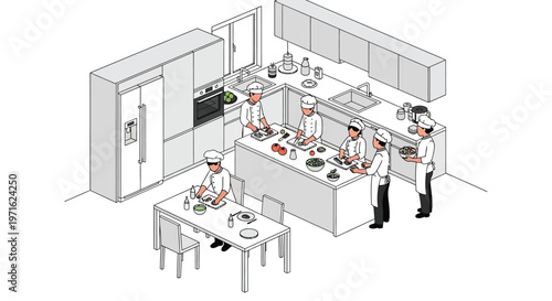 Isometric illustration of a bustling commercial kitchen with chefs preparing food