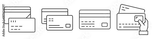 Outline icons depicting payment methods, plastic cards, debit and credit cards