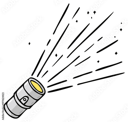 Flashlight shines brightly with rays and sparkles a handheld light source emits beams in the darkness illustration