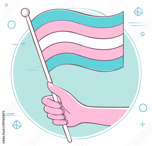 Illustrative hand holding the iconic transgender pride flag with soft pastel colors