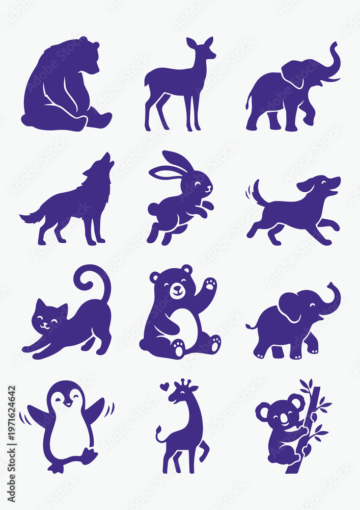 Obraz premium Large animal silhouette vector bundle featuring cute, cartoon, wildlife, pet and farm animals in modern flat style. Clean isolated icons on white background, perfect for logos, stickers, branding, UI