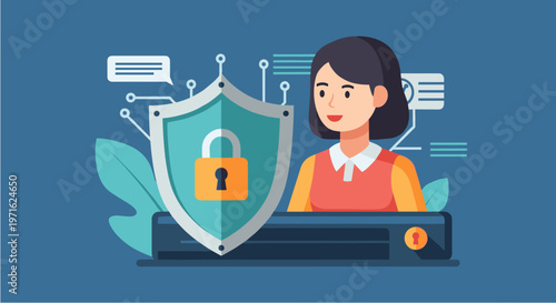 A woman stands confidently beside a large shield with a padlock, symbolizing robust digital security, data protection, and privacy in the modern technological landscape.