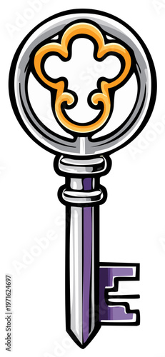 Ornate silver vintage key with decorative golden clover on the round top and purple accents, security