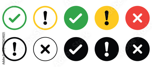 Check cross and exclamation icon set, approval and rejection status icons collection, success error and warning indicator symbols, validation feedback and alert notification graphics
