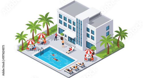 Isometric illustration depicts a modern hotel with a pool and outdoor dining