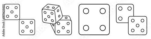 Outline illustration of several dice showing different numbers on different sides