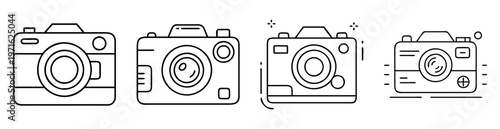 Four vintage cameras in a line, in a minimalistic black outline style