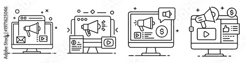 Illustration of digital marketing strategies and advertising on computer screens