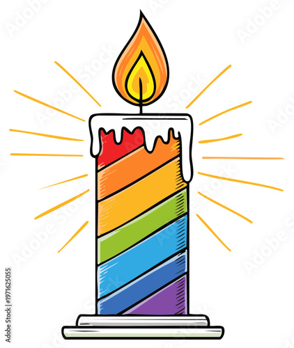 Colorful Rainbow Striped Birthday Candle With Glowing Flames and Sparkles