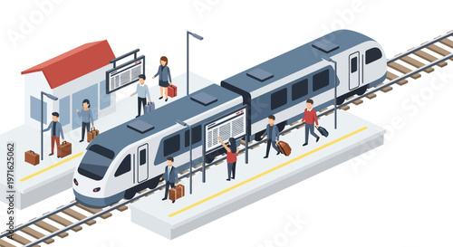 Isometric illustration of a modern train station with waiting passengers