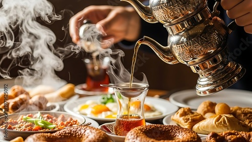 Tea Pouring Ritual: An elegant silver teapot pours steaming tea into a delicate glass, accompanied by a spread of delectable food, celebrating the ritual of tea-drinking.